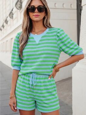 Green & Light Blue Striped Knit Short Set